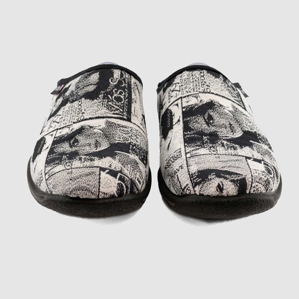 Chaussure-Femme-Fevi-ZOGUE-Noir-Blanc-Toile-Imprime-Pantoufle-Up