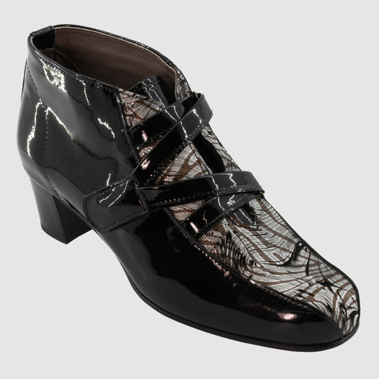 Chaussure-Femme-houcke-zele-vernis-noir-cuir-imprime-bottine